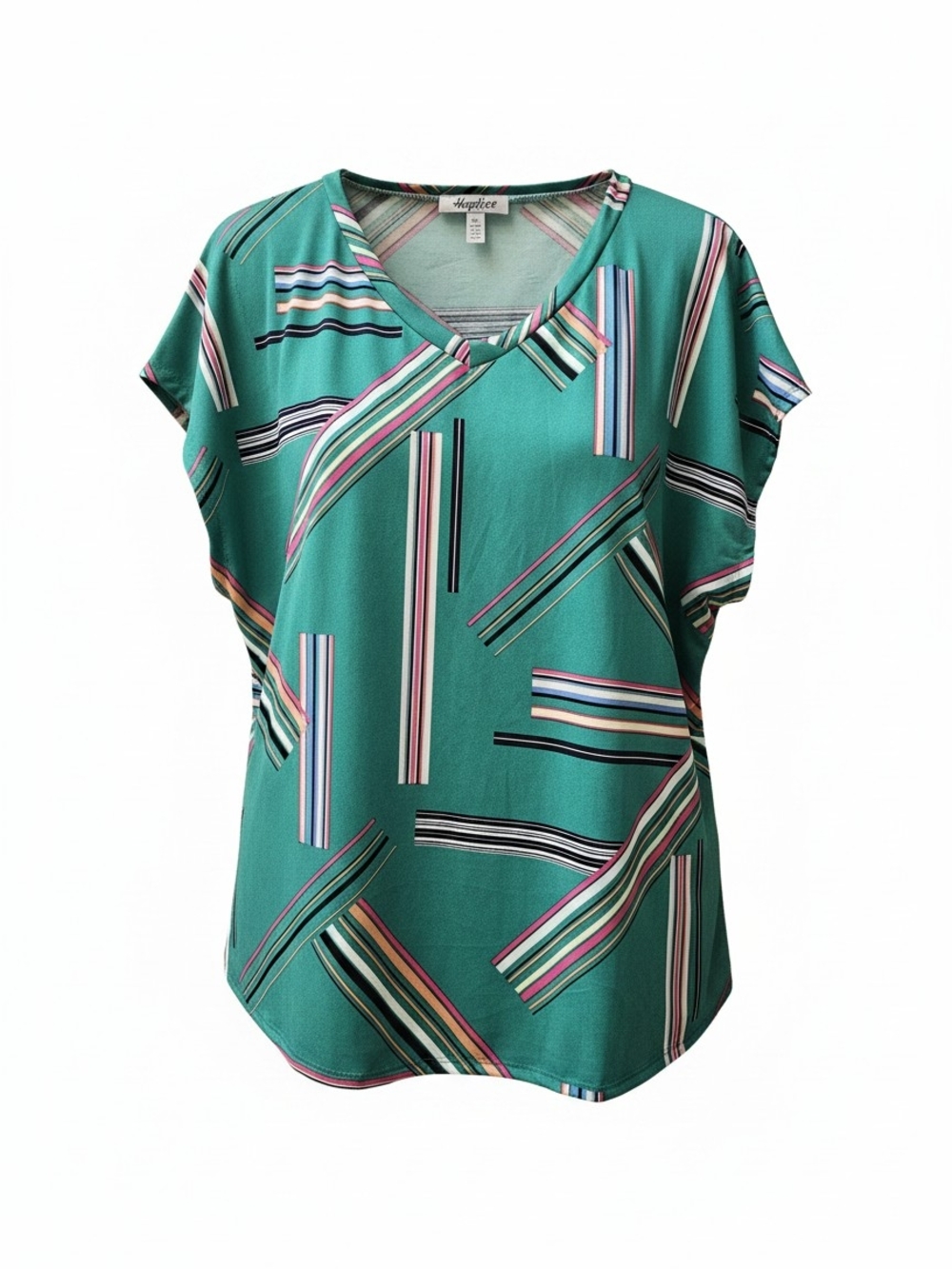 Haptics By Holly Harper Green Striped V-Neck Short Sleeve Blouse